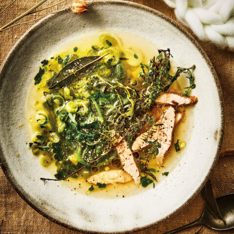 Bowl of easy turkey soup with herbs, served in a white bowl