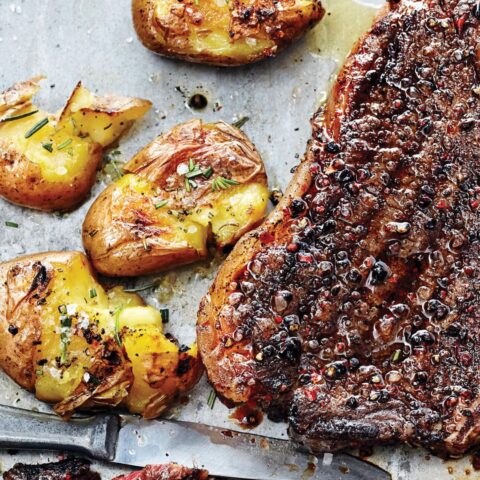 Grilled smashed potatoes with rosemary