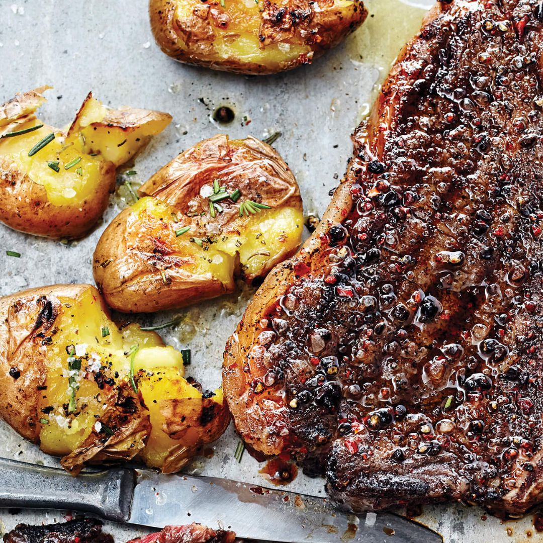 Grilled smashed potatoes with rosemary