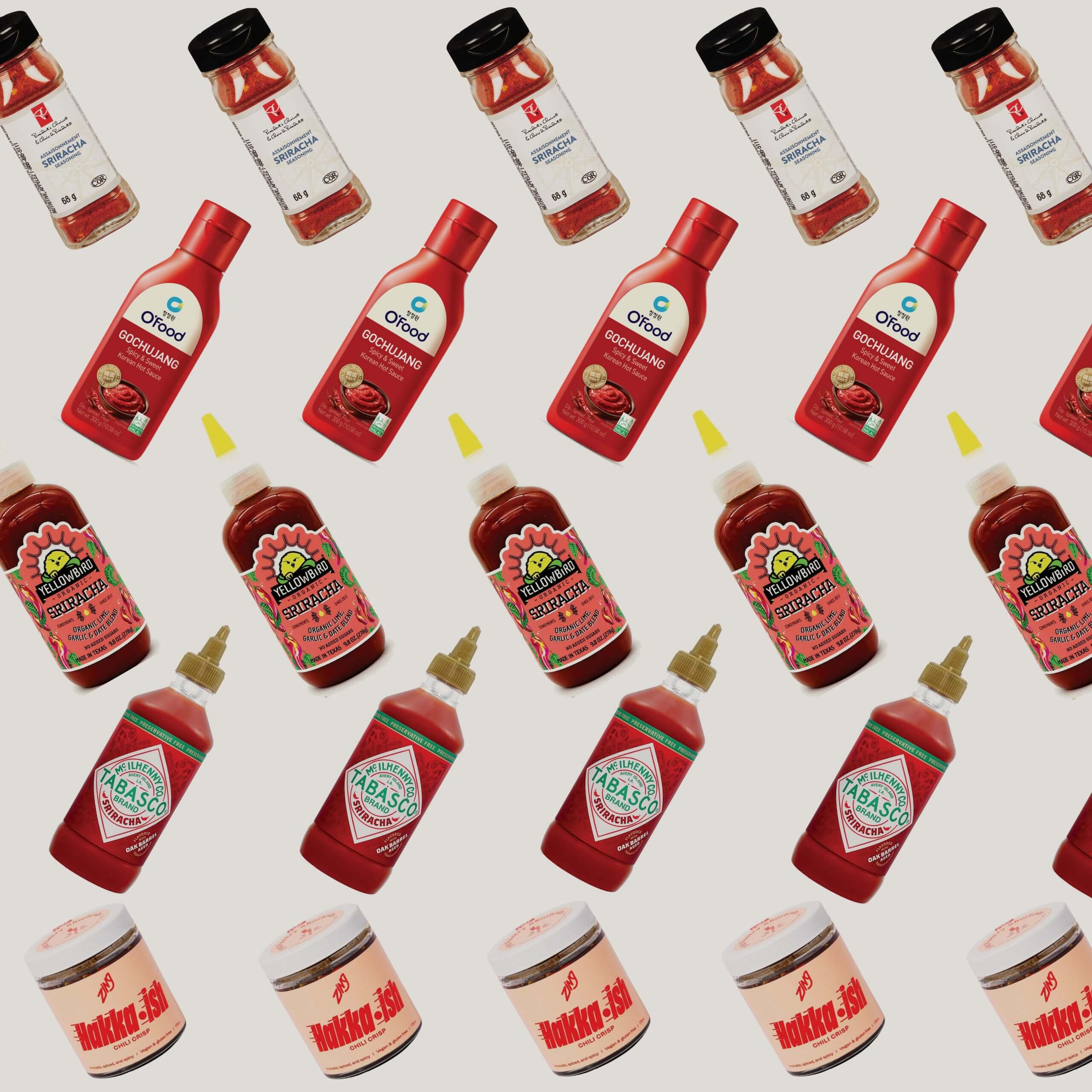 Bottles of red sriracha chili
