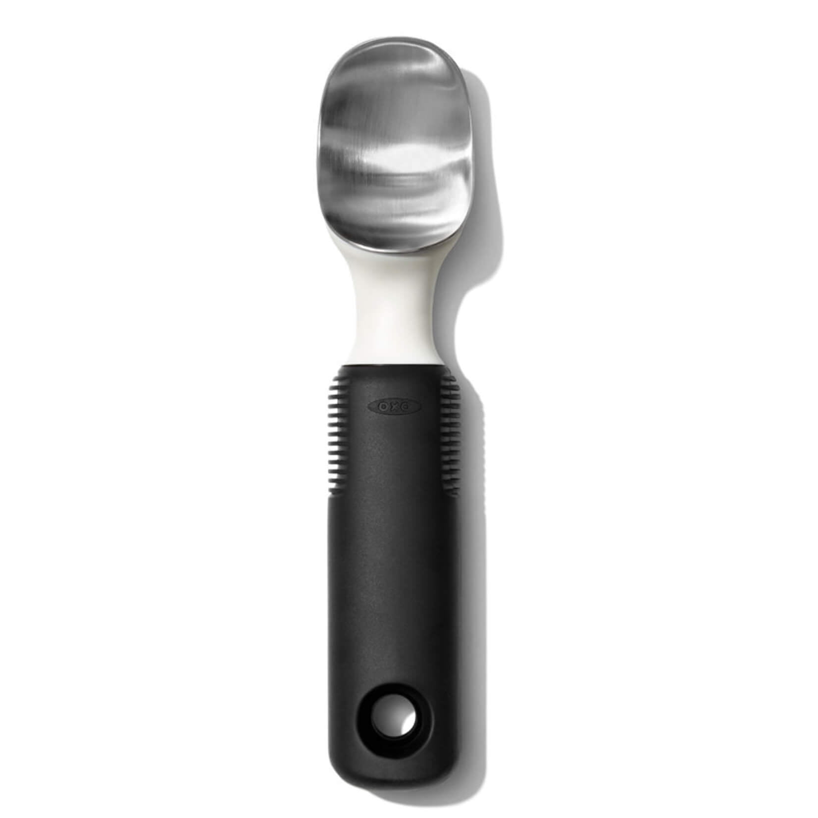 Steel ice cream scoop with black rubber handle