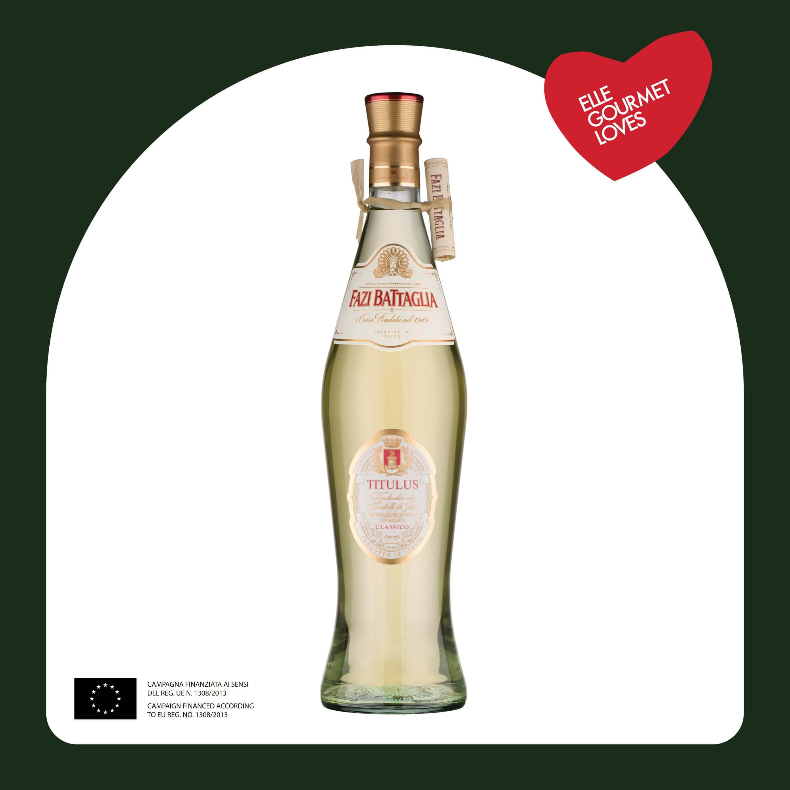 A bottle of white wine in a dark green frame