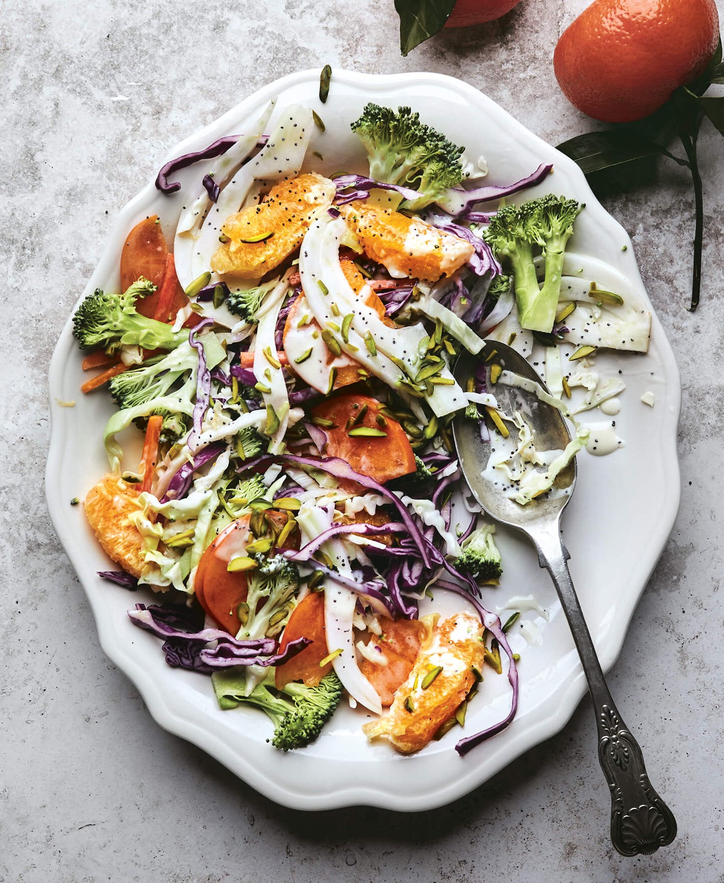 Colourful coleslaw on a white plate