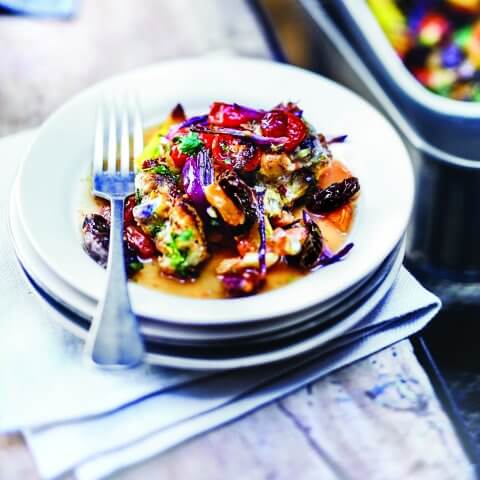 bowl with roasted chicken and vegetables