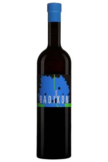 A bottle of wine with a blue label