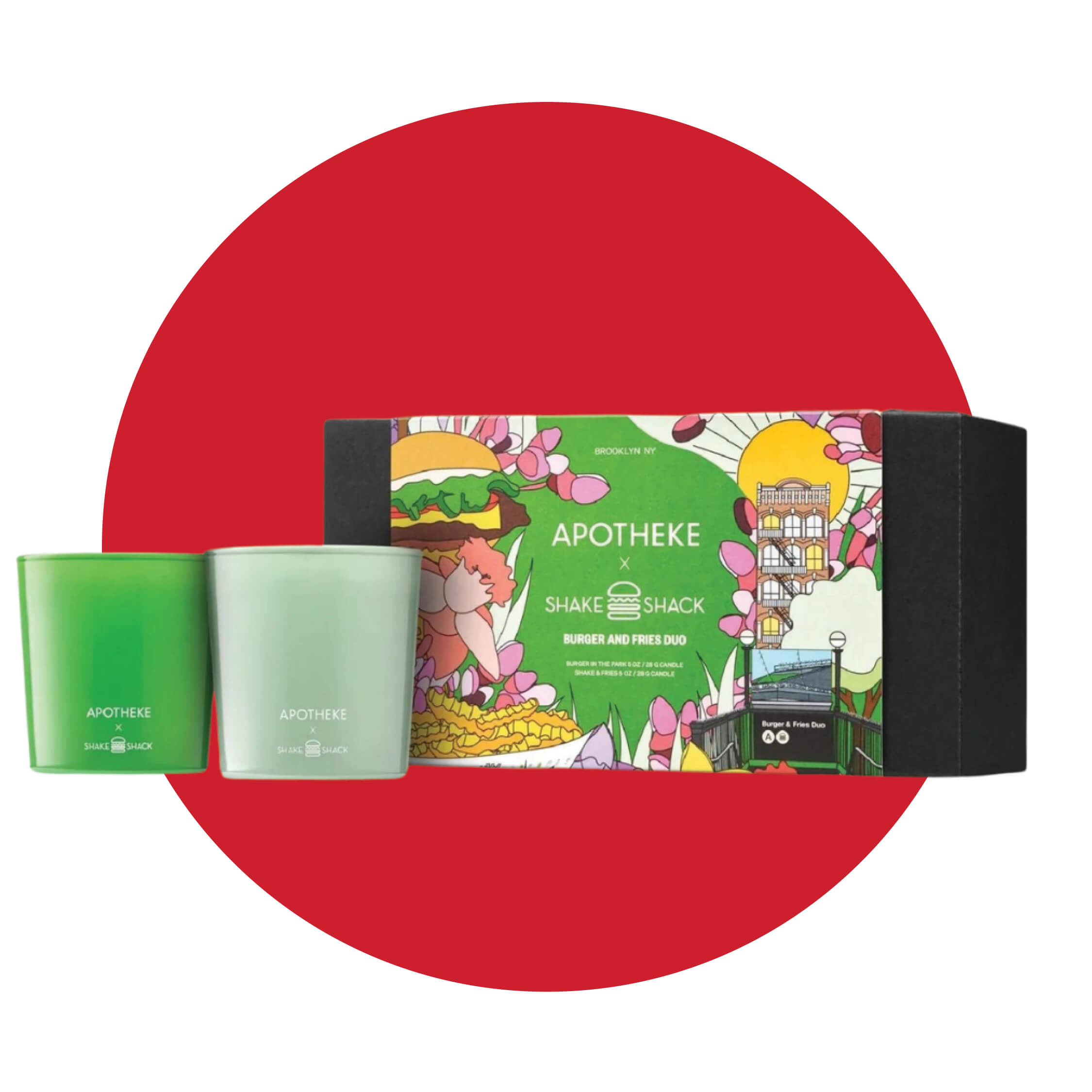 red circle with box and two candles