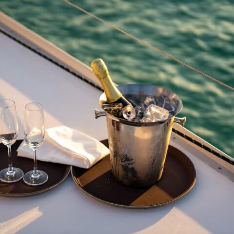 Champagne bottle in ice bucket with champagne glass for serving