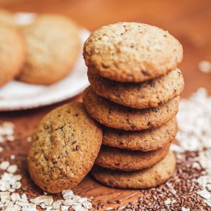 Stack of healthy oatmeal cookies with flax made by a Canadian baker