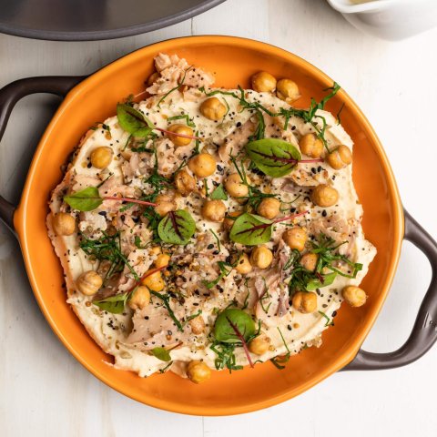 overhead photo of dip with chickpeas