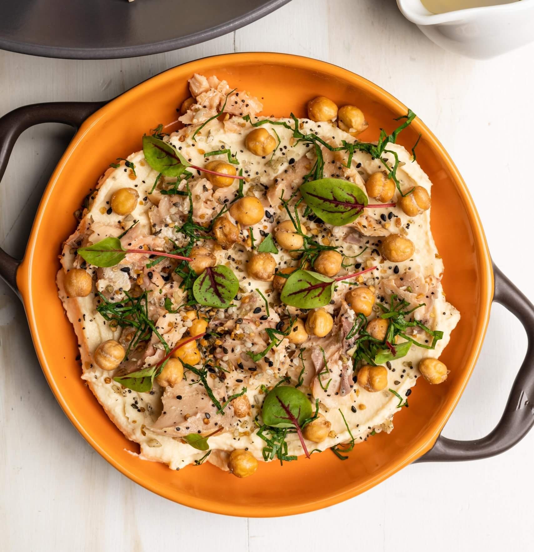 overhead photo of dip with chickpeas