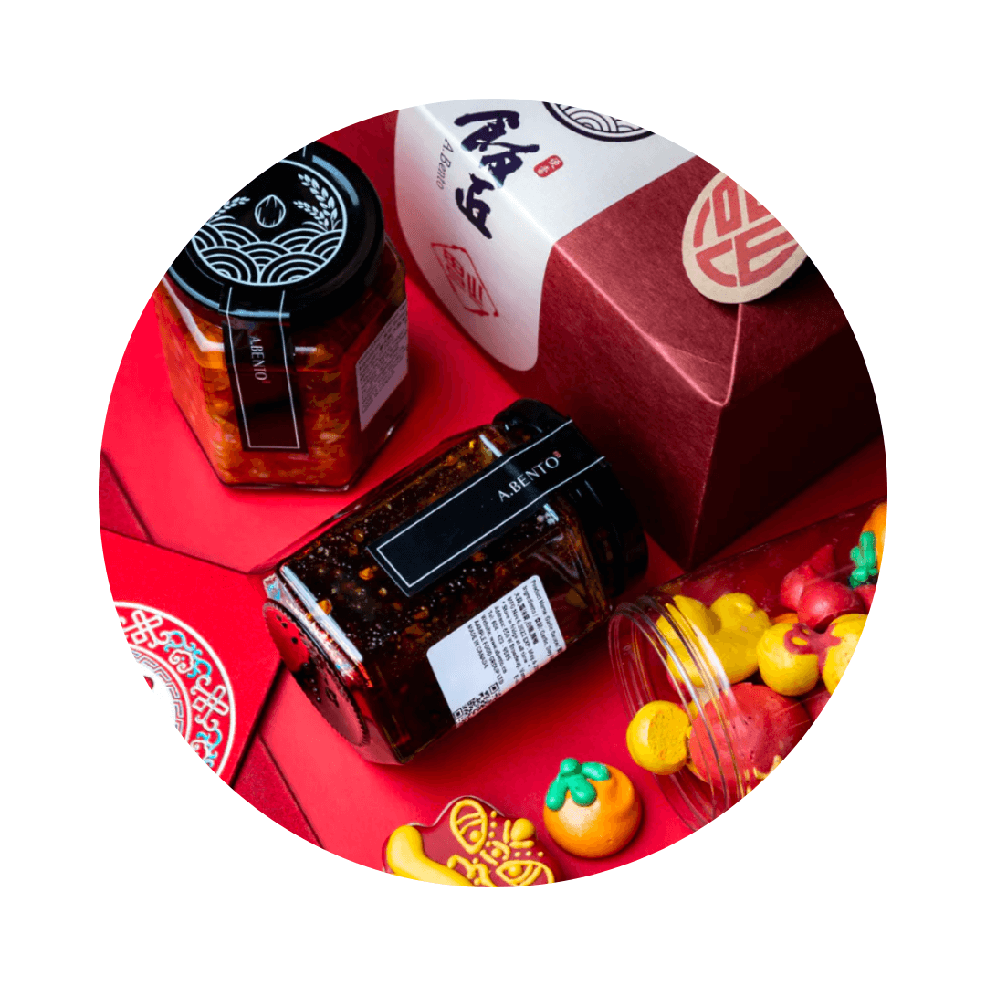 A circle frame with a view of various products.