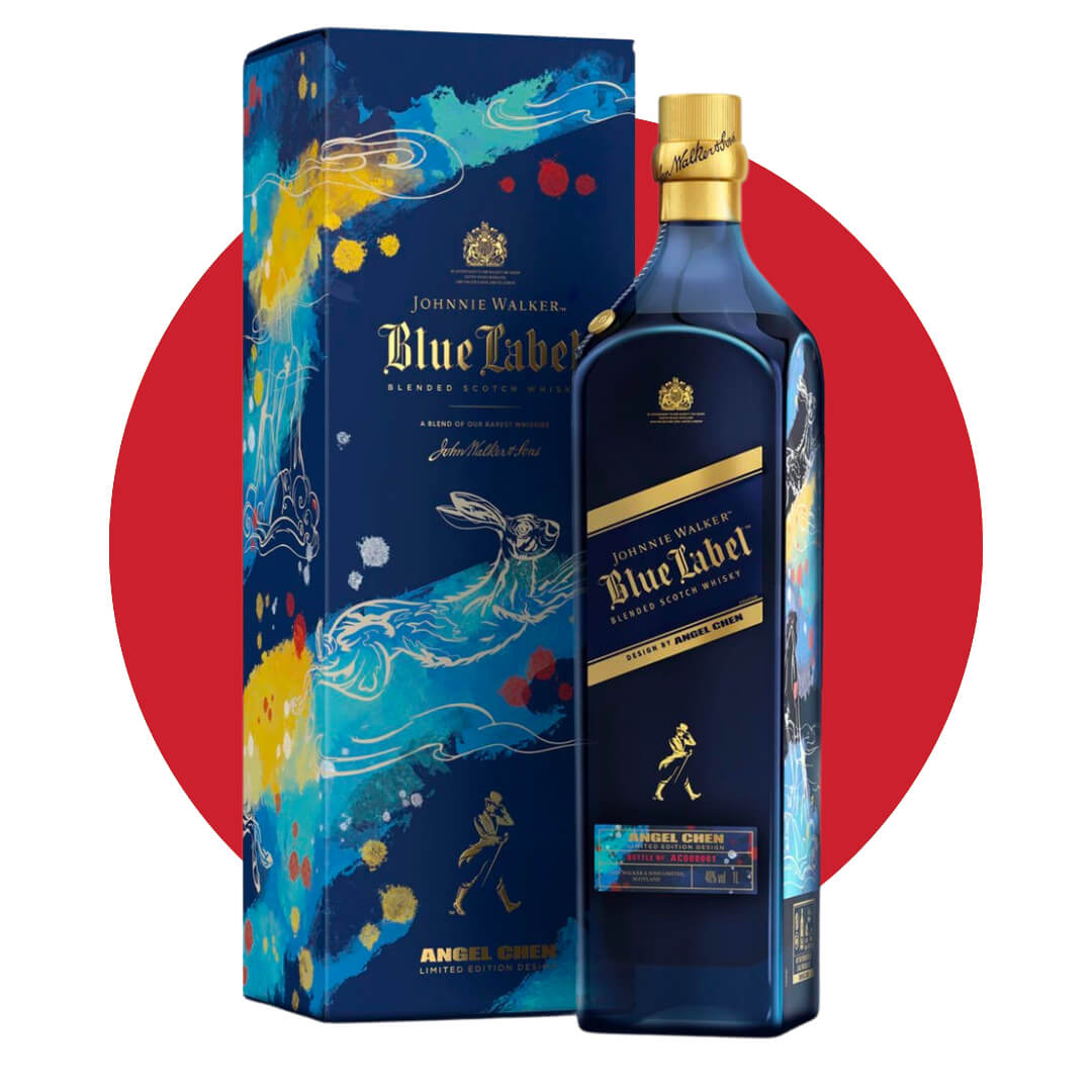 A decorative blue box and bottle on a red circle.