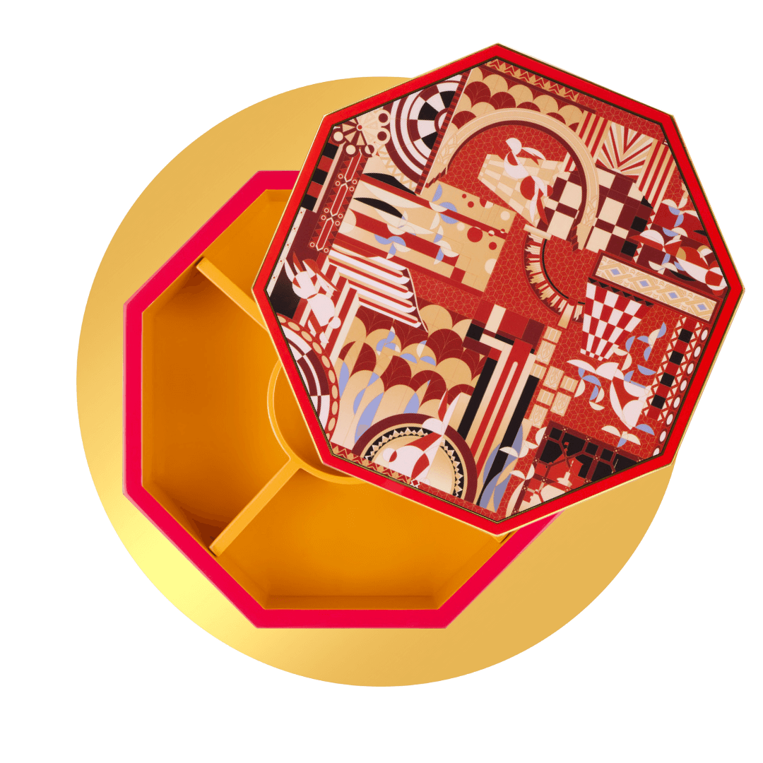 A decorative box with compartments and an ajar lid on a gold circle.