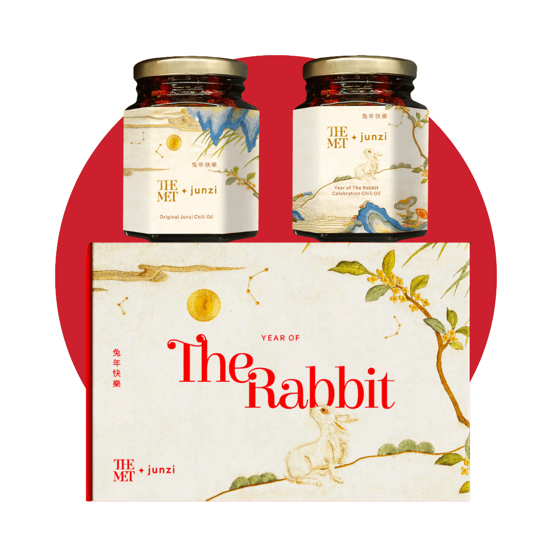 A gift box titled "The Rabbit" with two jars on a red circle.