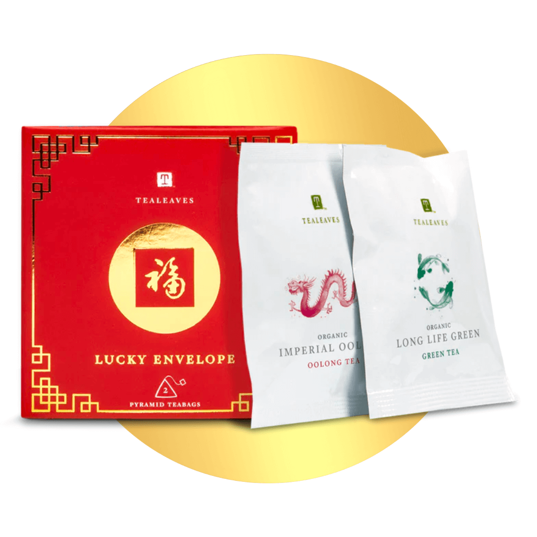 A red box and two white pouches on a gold circle.