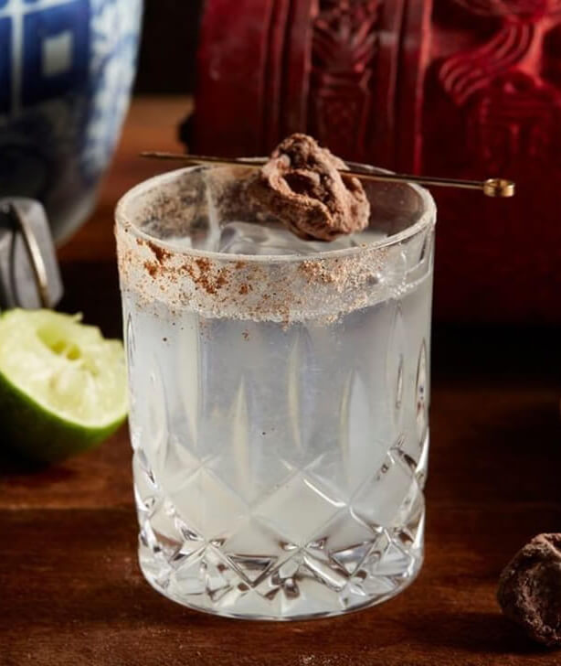 A cocktail with a prune garnish