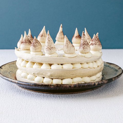 A white meringue dessert on a plate with a blue wall in the background.