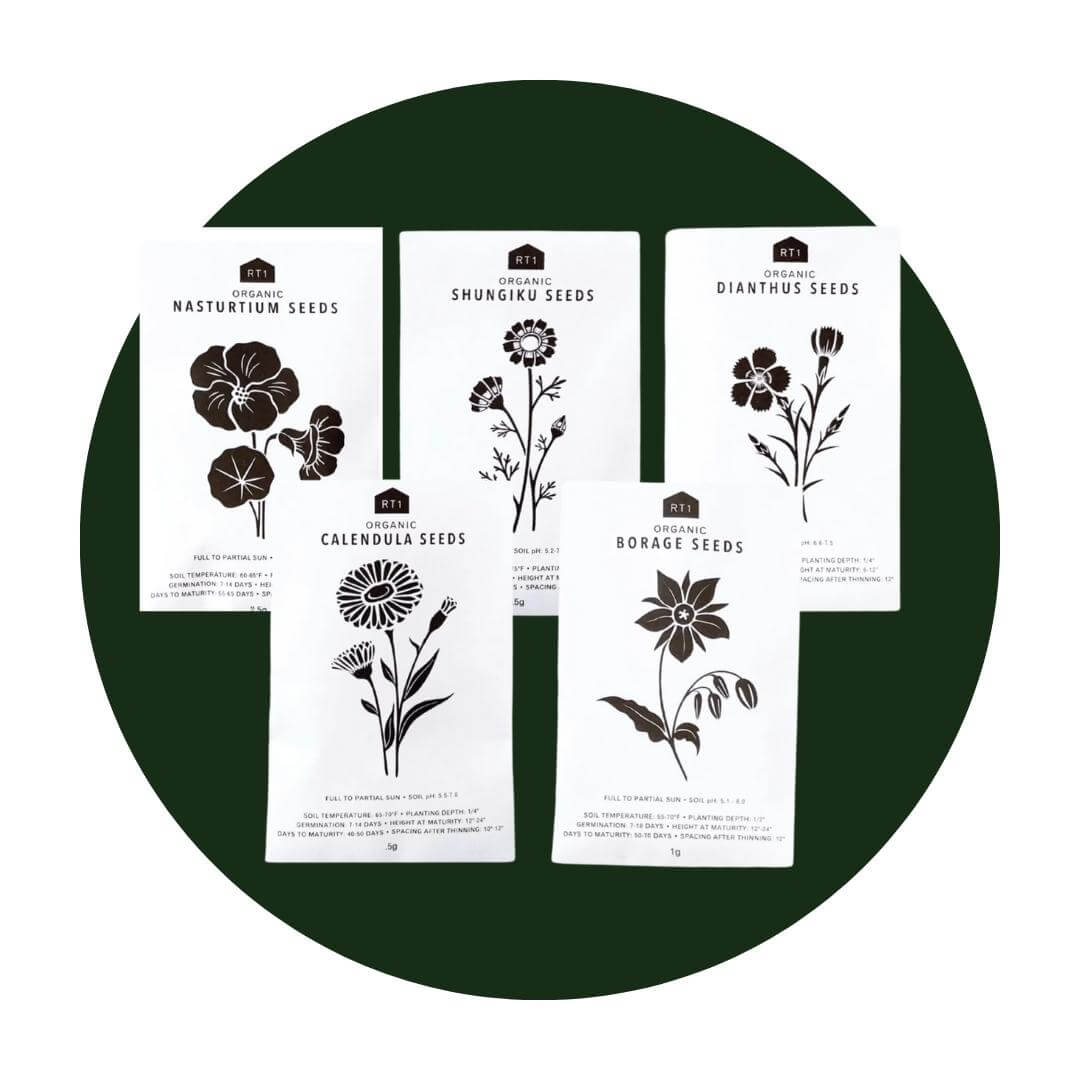 Five white seed packs on a dark green circle