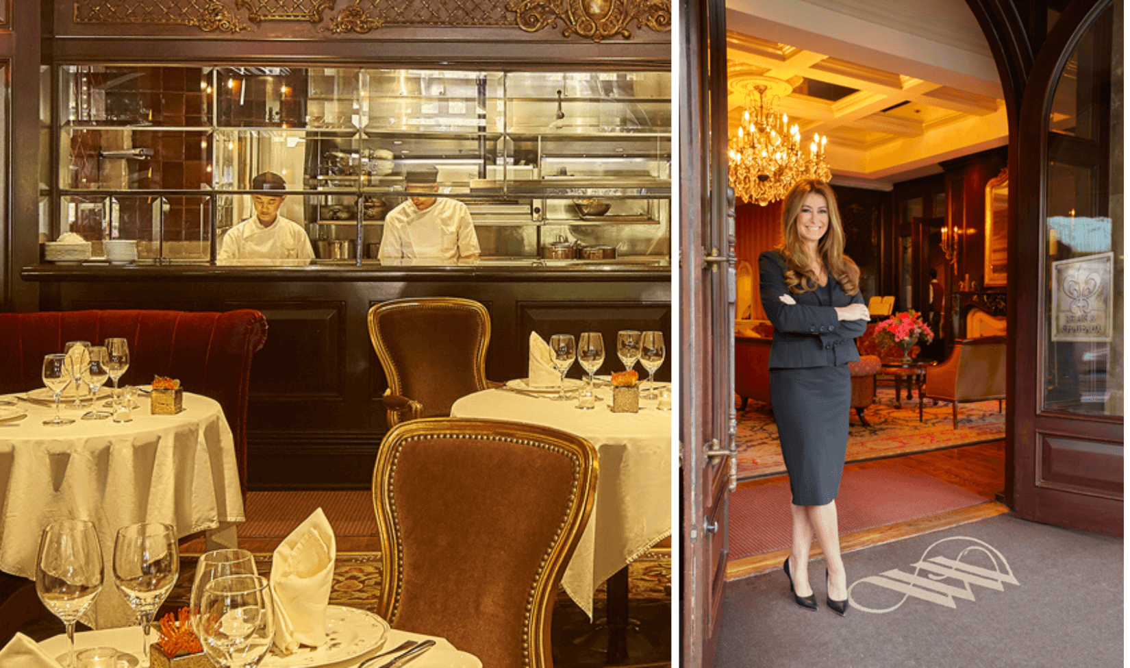 Left: A dining room in shades of brown with a window to chefs cooking. Right: A woman in a suit smiles at the entrance to a hotel.