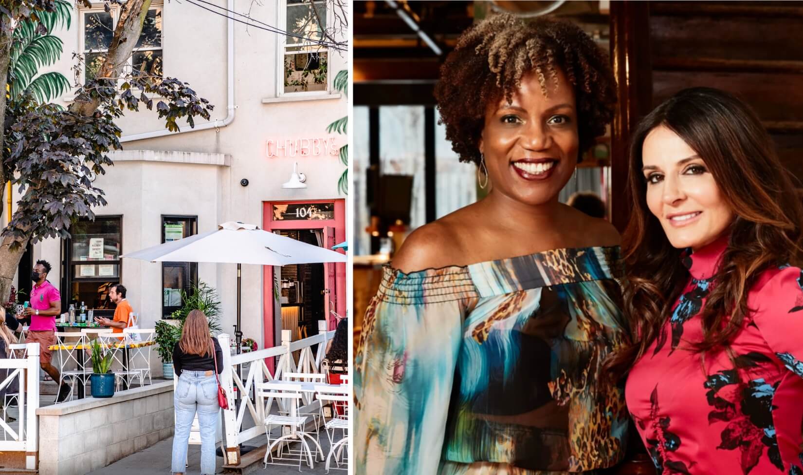 Left: A restaurant entrance and patio. Left: Two women with their arms around each other smiling in a house entryway.