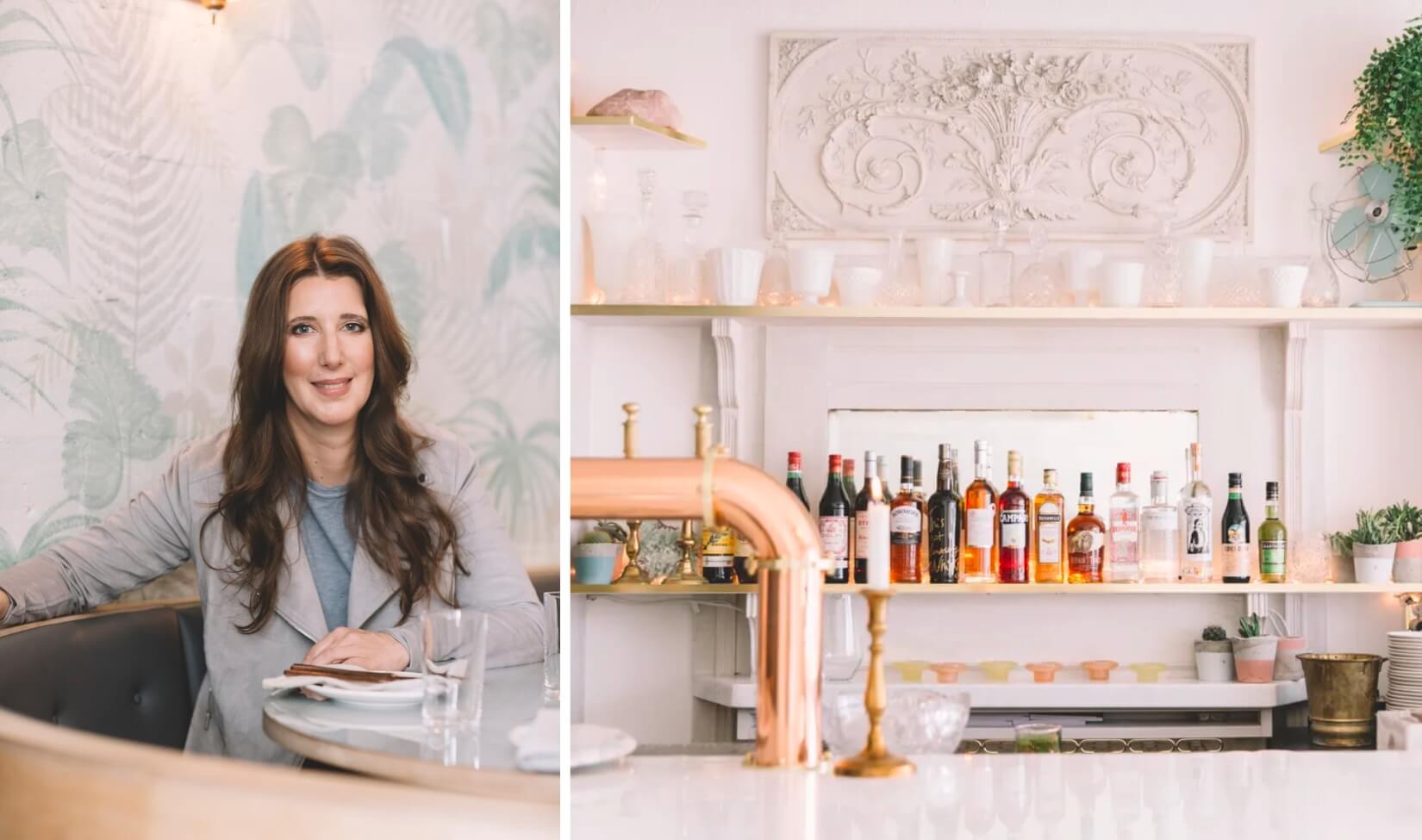 Left: A woman sitting at a table in front of pink and green wallpaper. Right: A restaurant bar shelf.