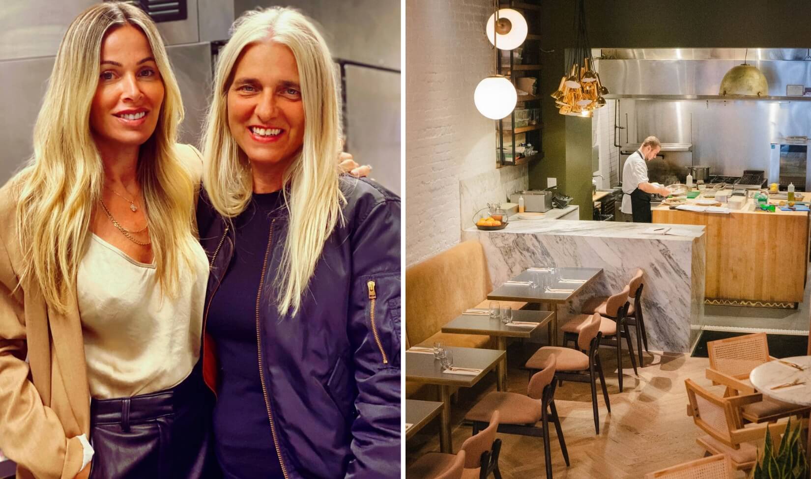 Left: Two women smile together in a kitchen. Right: A restaurant dining room shot from above, with part of the kitchen visible.