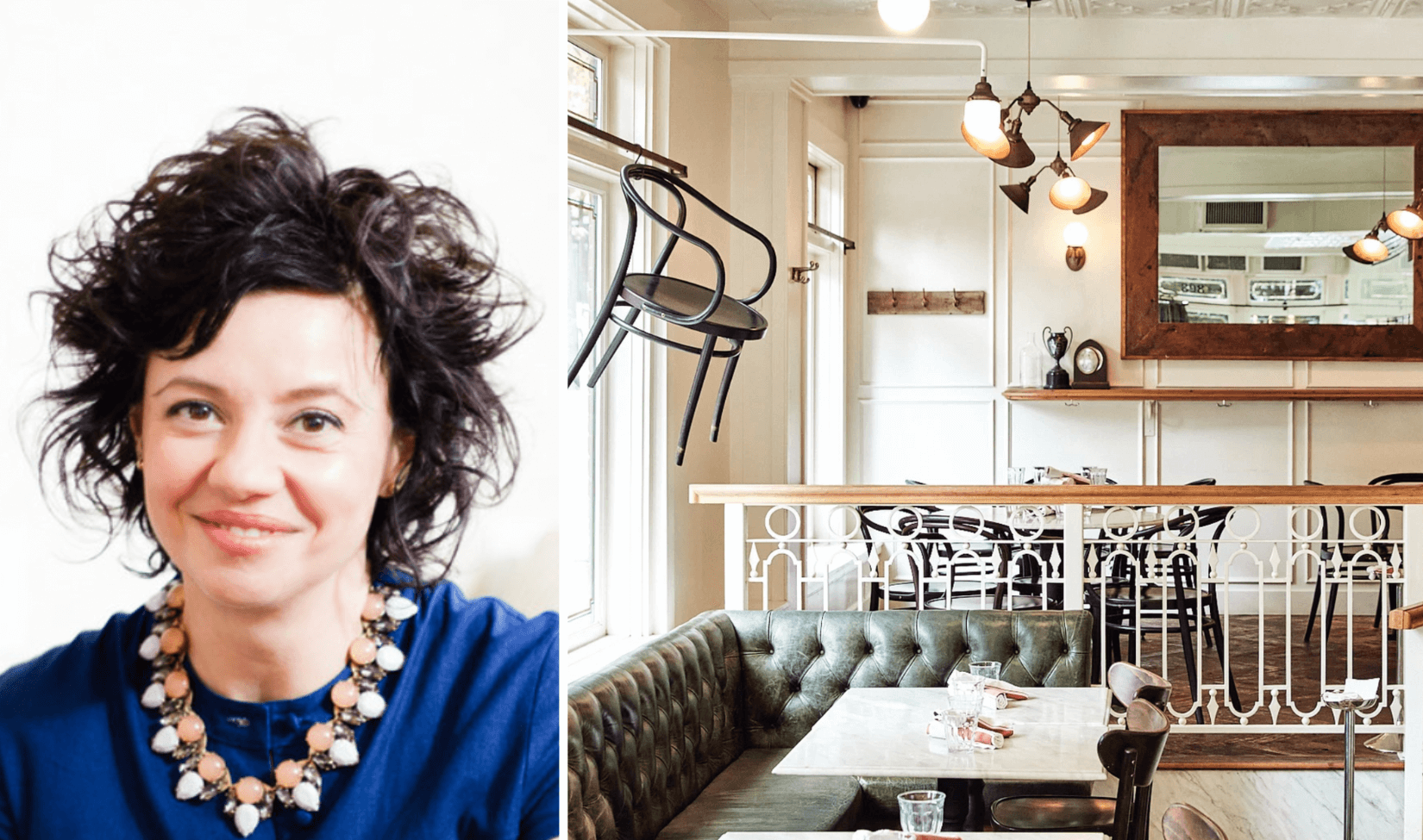 Left: A woman in a blue shirt smiles. Right: A restaurant dining room with a chair hanging from the ceiling.