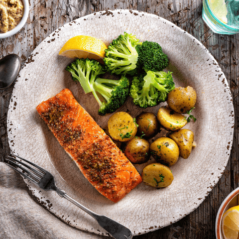 overhead image of roasted salmon with potatoes
