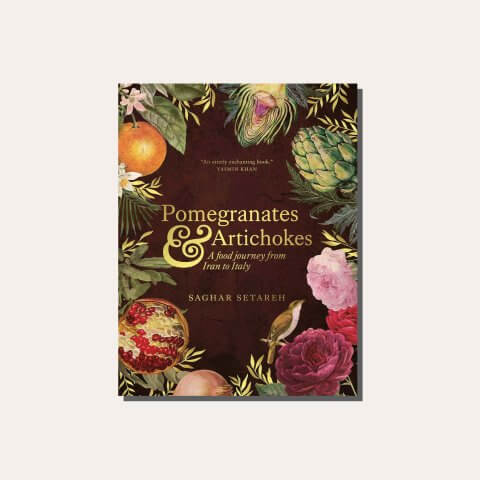 Saghar Setarah's Pomegranates and Artichokes cookbook cover in a light frame.