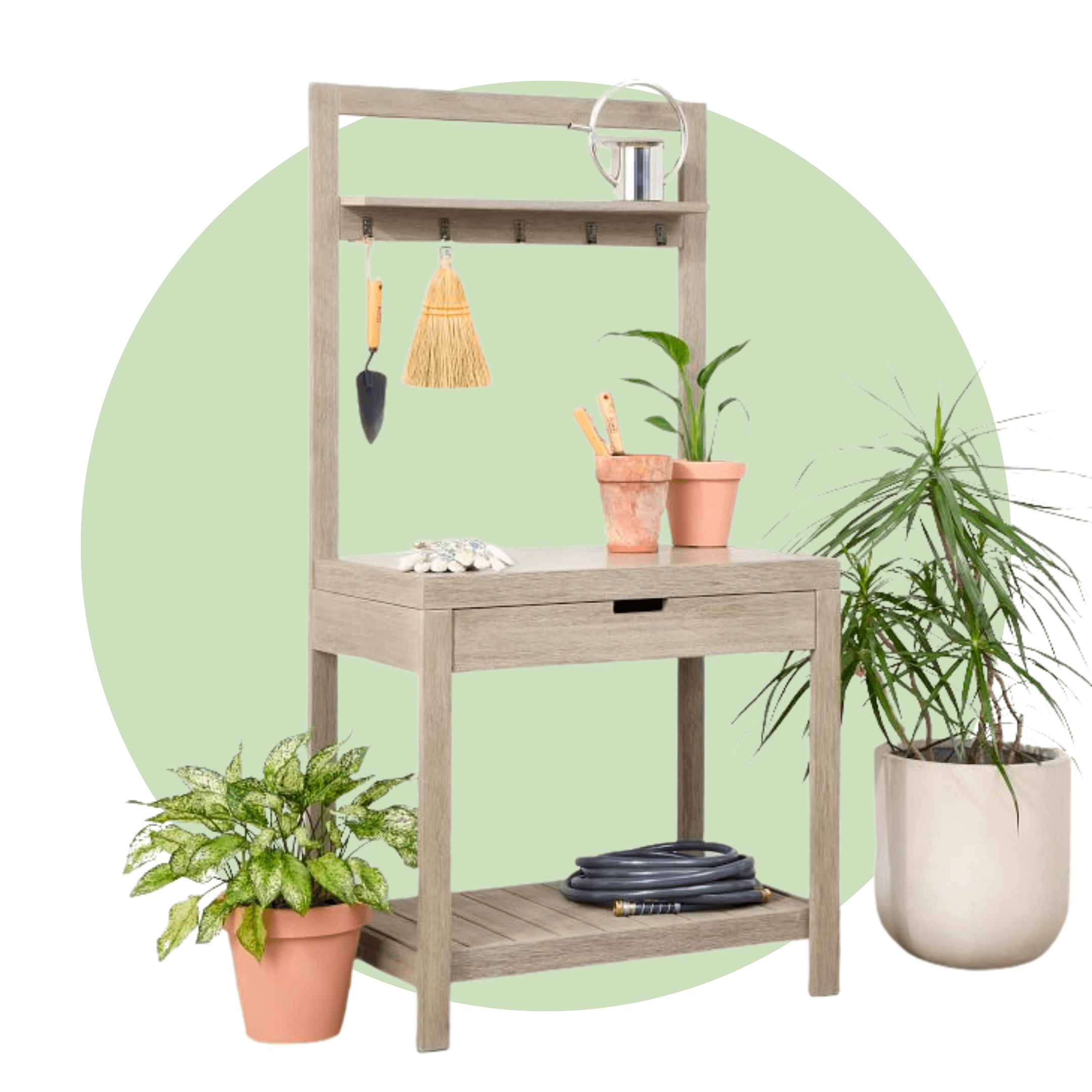 A potting station with gardening tools on a light green circle.