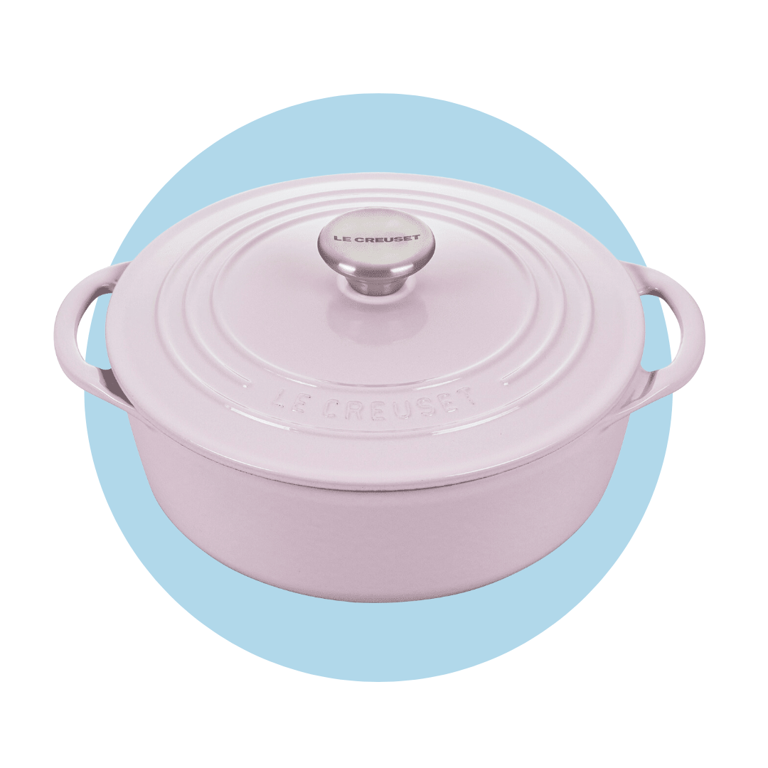 A pale purple Dutch oven on a light blue circle graphic