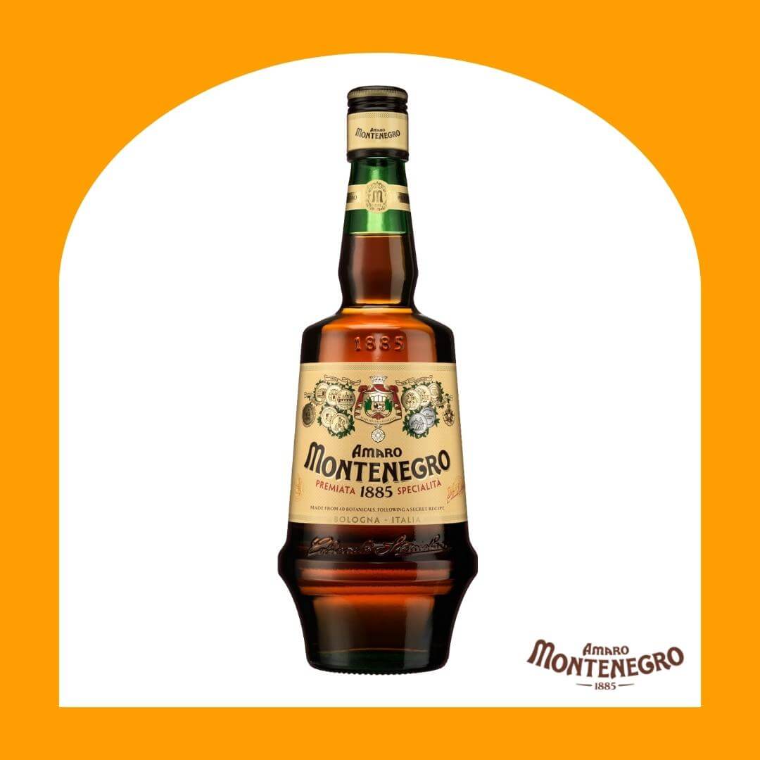 A bottle of Amaro Montenegro in an orange arch-shaped frame.
