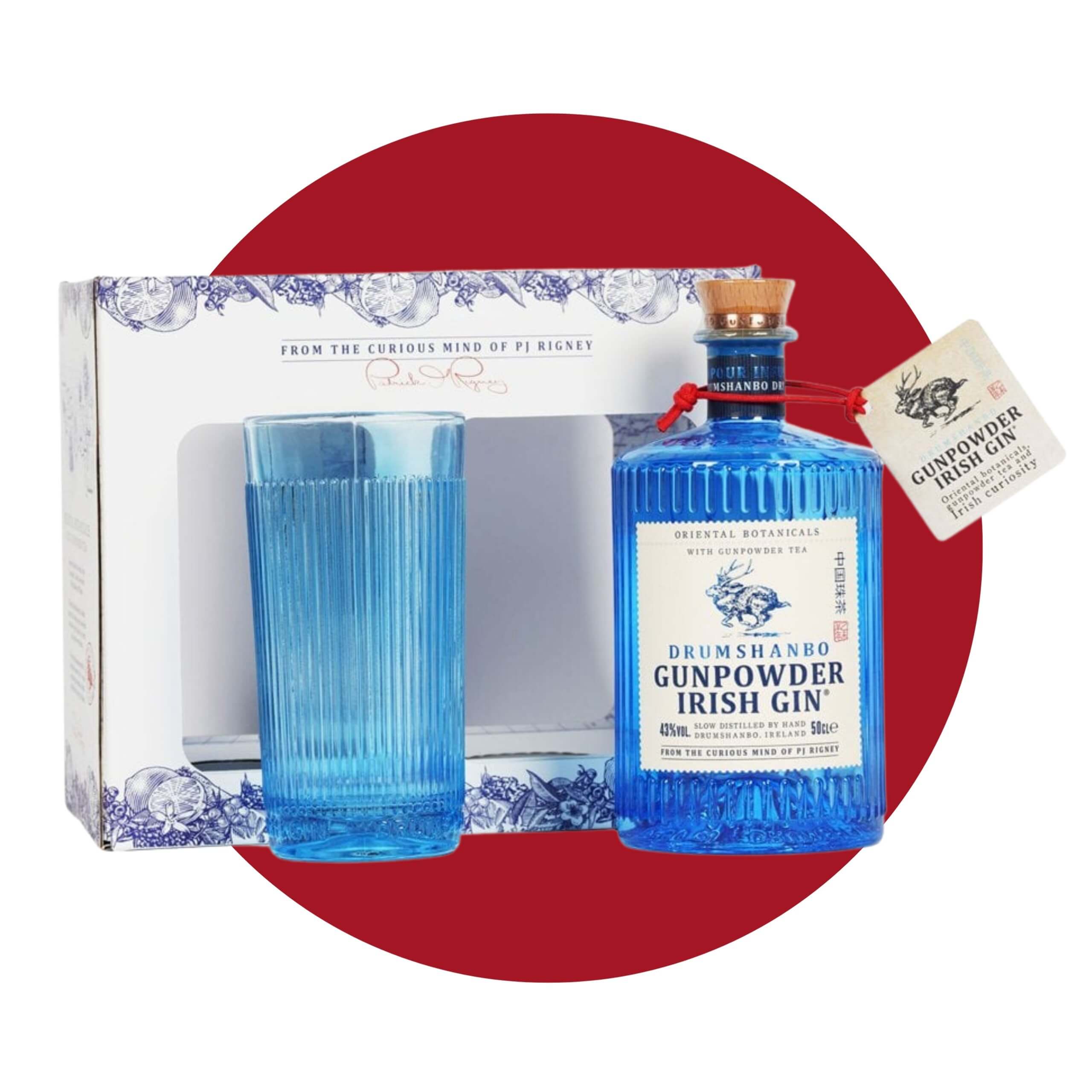 A box with a blue bottle of Gunpowder Irish Gin and matching glass on a red circle graphic