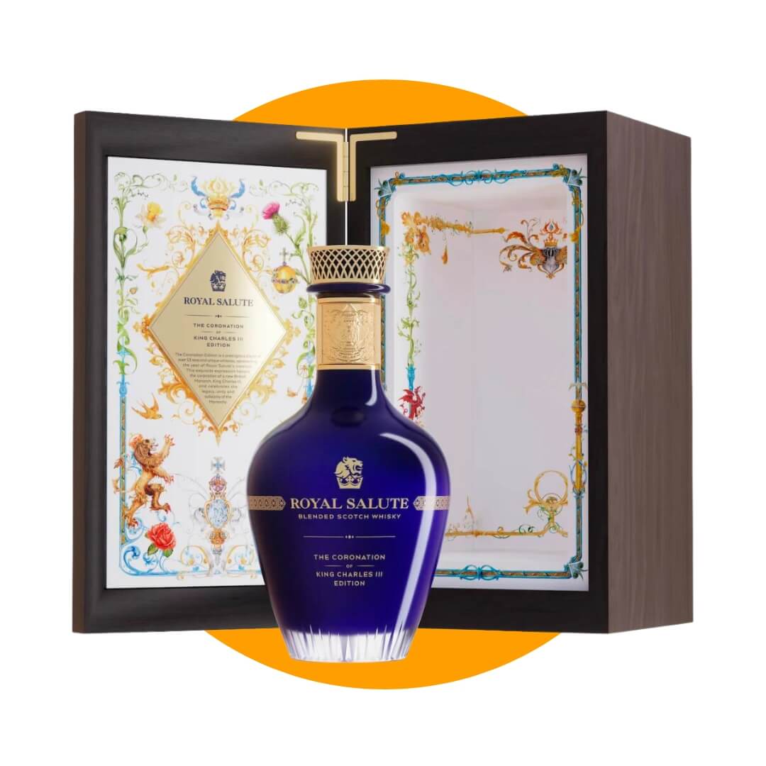 A blue bottle with a silk-lined wooden box on an orange circle graphic