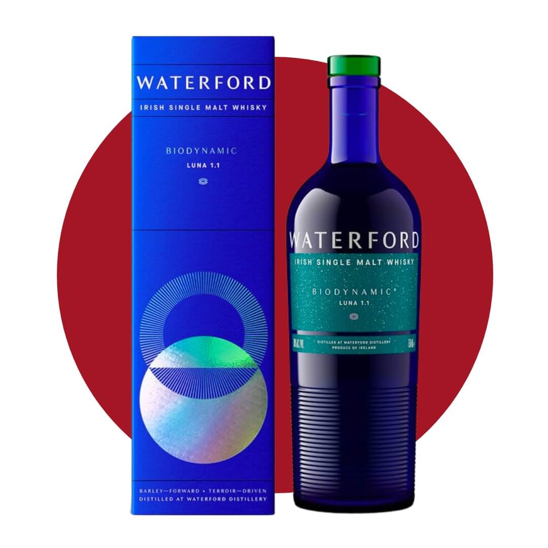 A deep blue bottle and matching box on a red circle graphic.