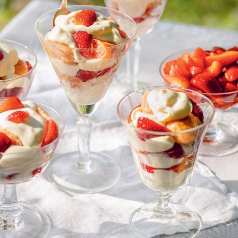 A white cloth on grass laid with strawberry tiramisu parfaits