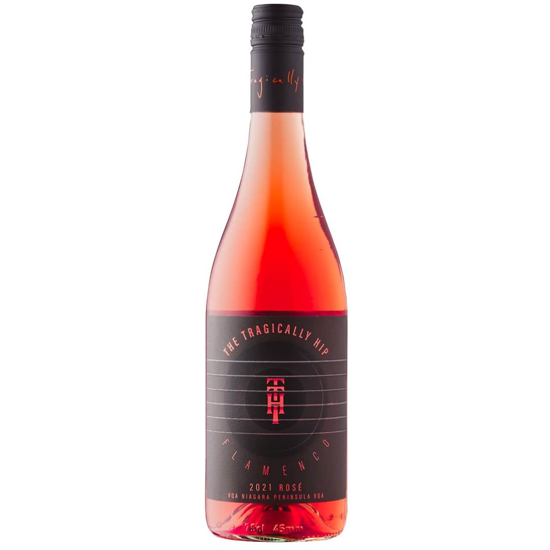 A bottle of rose wine with a black label