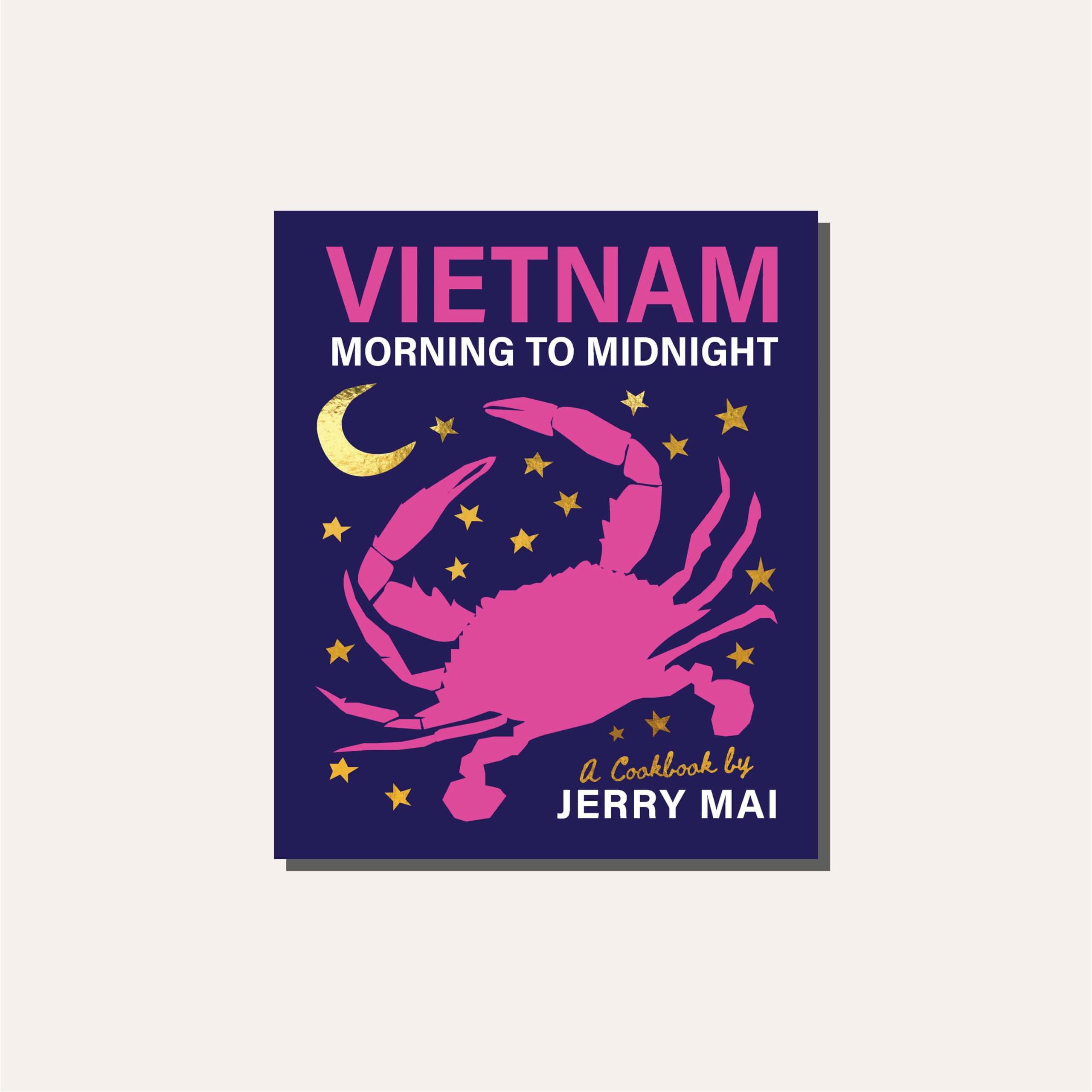 A pink and purple book cover with an illustration of a crab, moon and stars in a light tan frame.