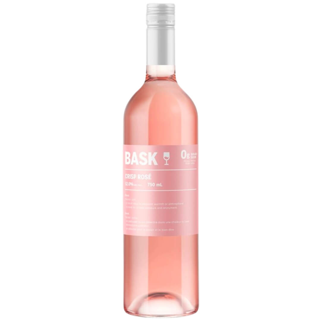 A bottle of rose with a pink label and white lettering, with a matching white cap
