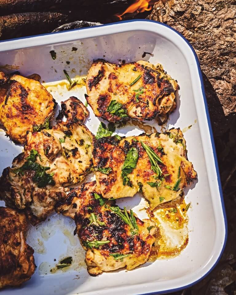 A container filled with grilled chicken sits on a rock outside