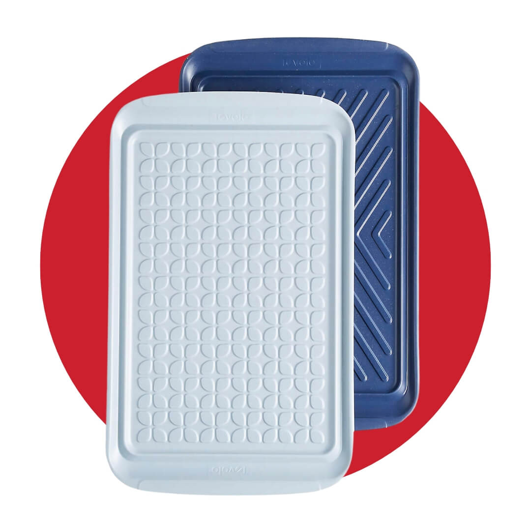 Two textured blue trays, one light and one darker, on a red circle graphic