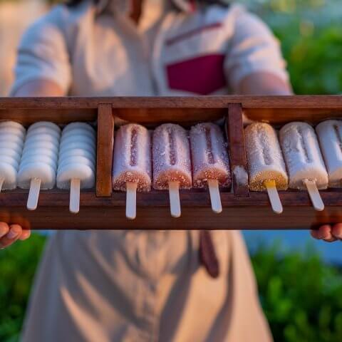 A person holding a wooden box with three compartments holding a variety of popsicles
