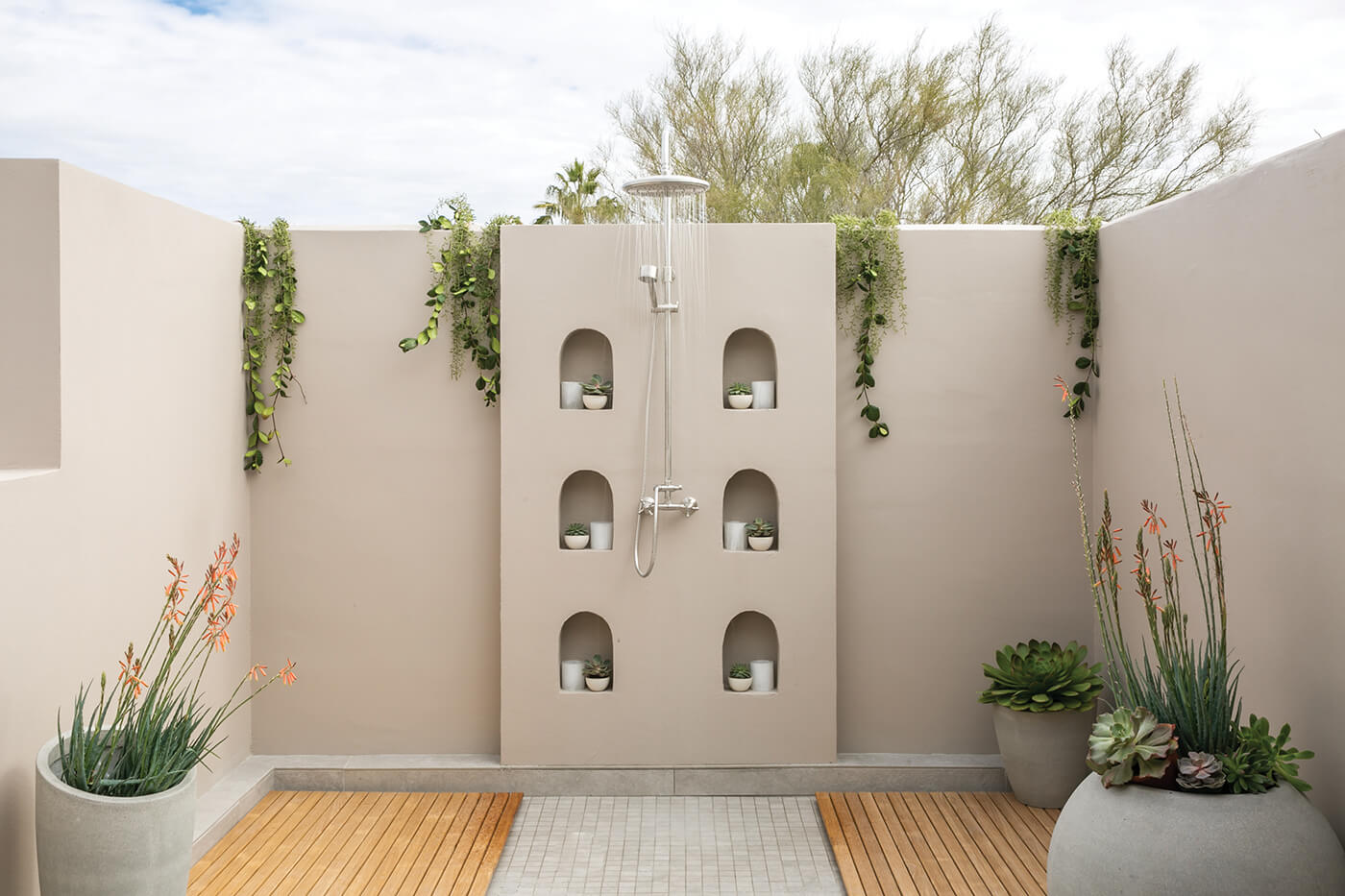A large outdoor shower at CIVANA spa in Carefree, Arizona. 