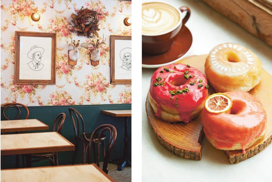 Two photos side by side, one showing a dining room and one showing three doughnuts and a cup of coffee