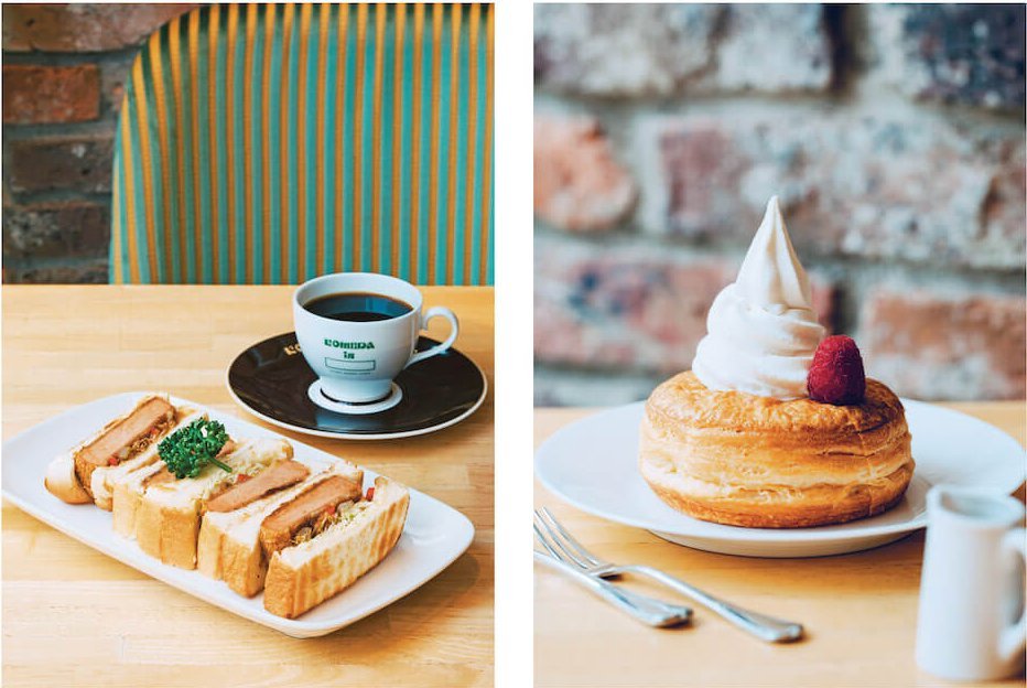 Two photos, one showing a sandwich and cup of coffee and one a danish with whipped cream and a raspberry