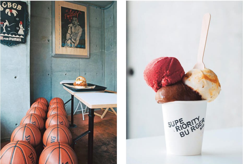 Two photos side by side, one showing a table with a sandwich and one a cup of ice cream