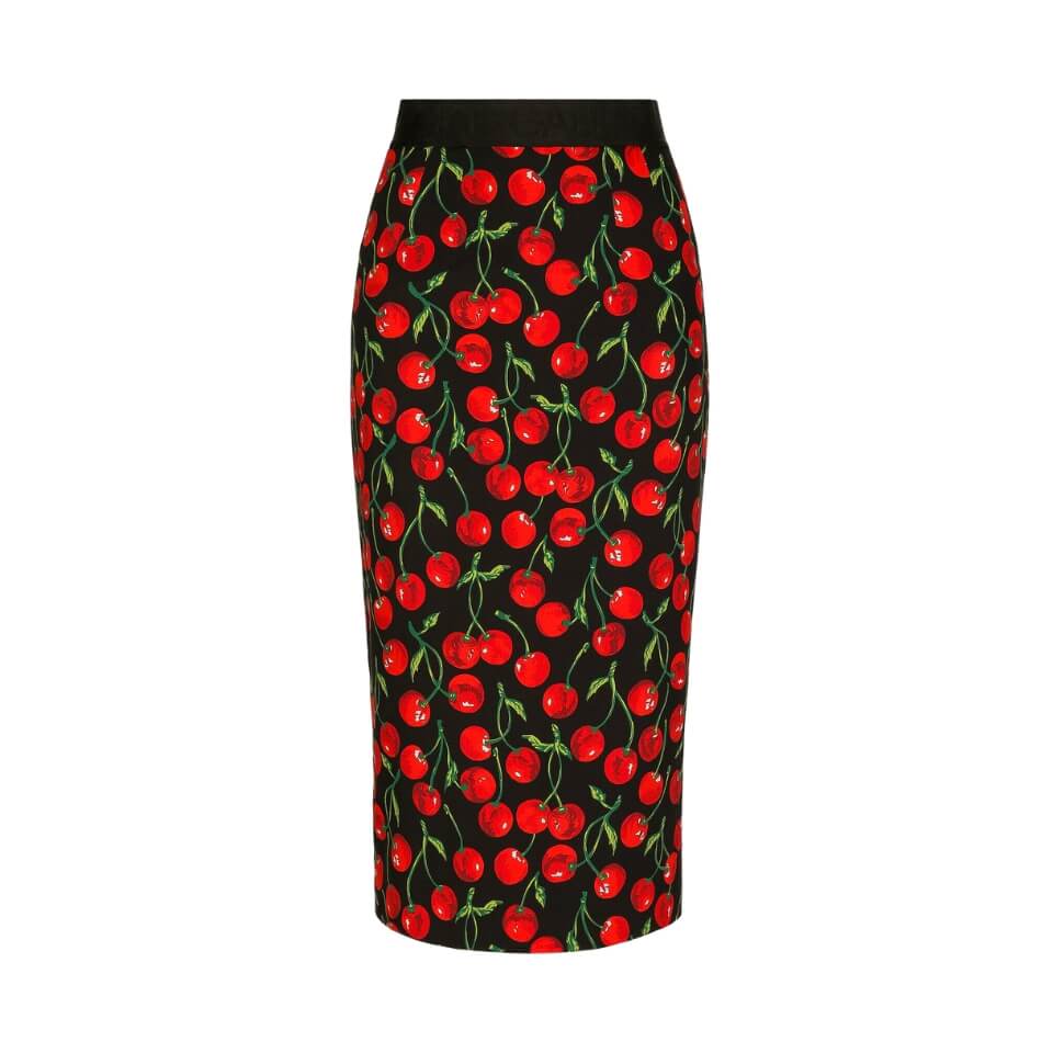 A pencil skirt with a red cherry pattern