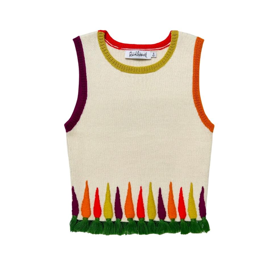 A sweater vest with multicoloured carrots on the hem