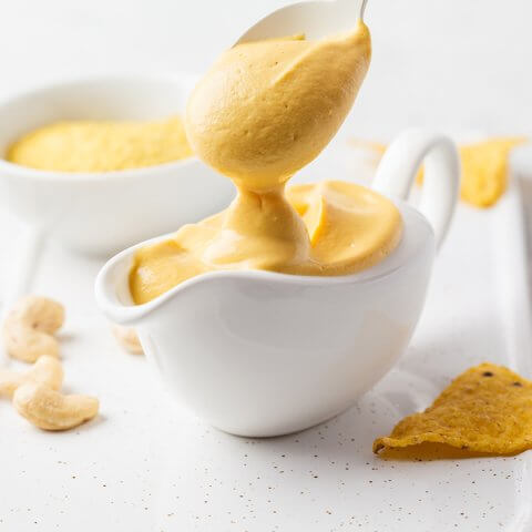 Hannah Sunderani's recipe for melty vegan cheese perect to use on pizzas and in grilled cheese photographed in a gravy boat
