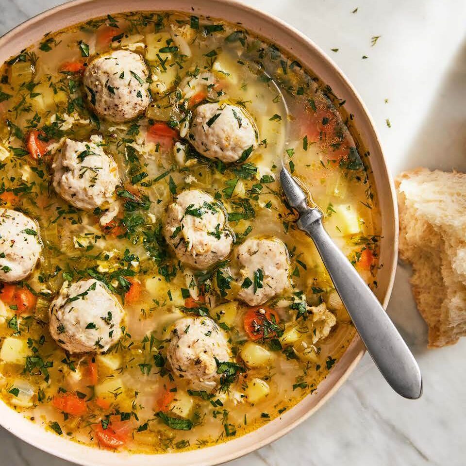 Homestyle turkey meatball soup with tender meatballs and a rich flavourful broth